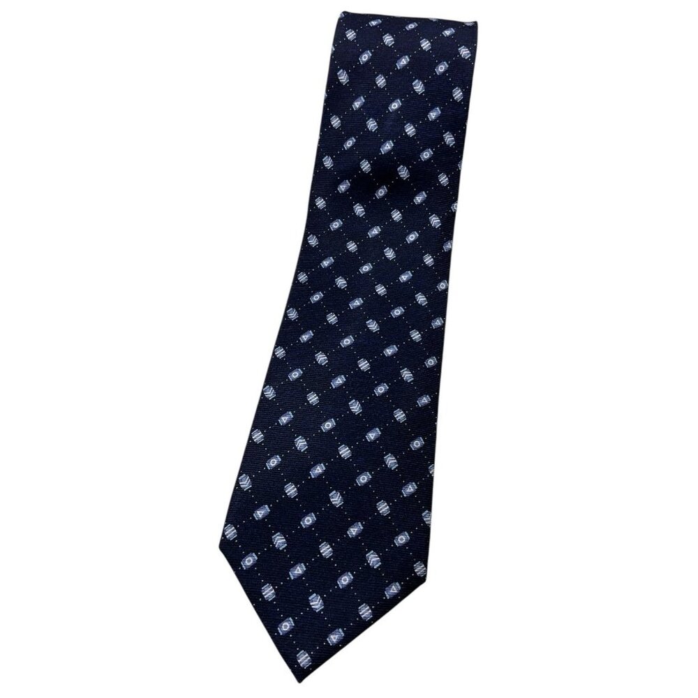 BVLGARI 7fold Men's 100% Silk Necktie LUXURY Tie Navy Geometric W:3.8" EUC